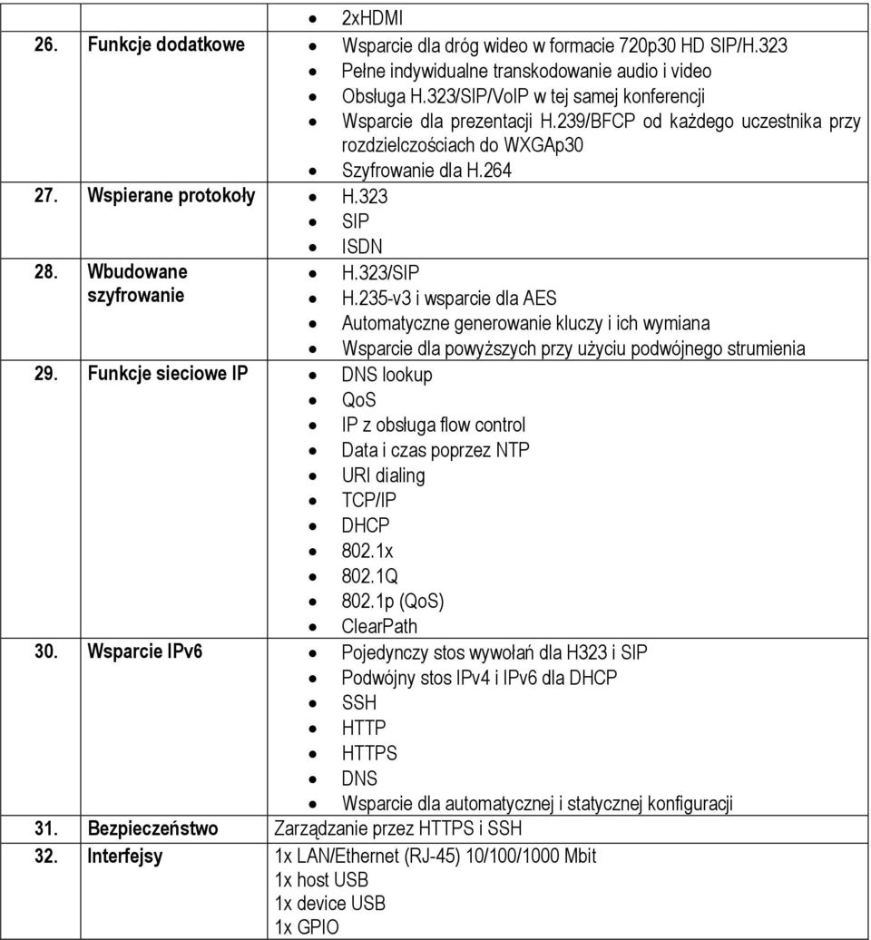 Wbudowane H.323/SIP szyfrowanie H.235-v3 i wsparcie dla AES Automatyczne generowanie kluczy i ich wymiana Wsparcie dla powyższych przy użyciu podwójnego strumienia 29.