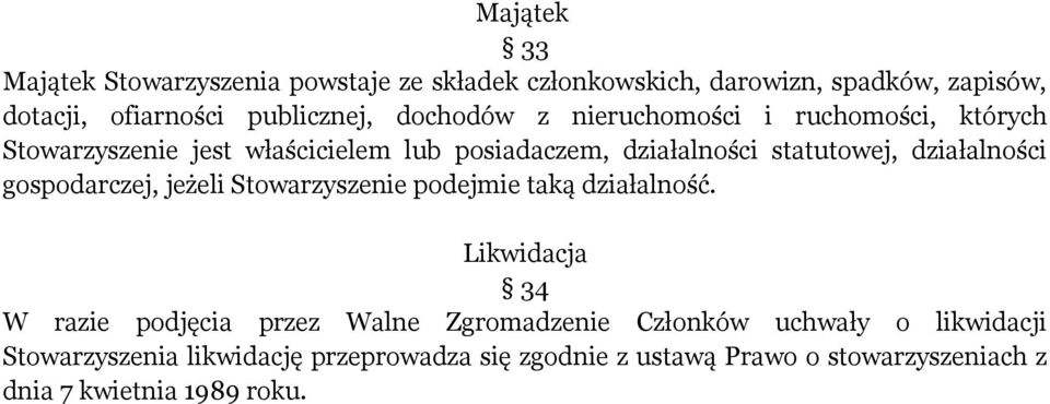 działalności gospodarczej, jeżeli Stowarzyszenie podejmie taką działalność.