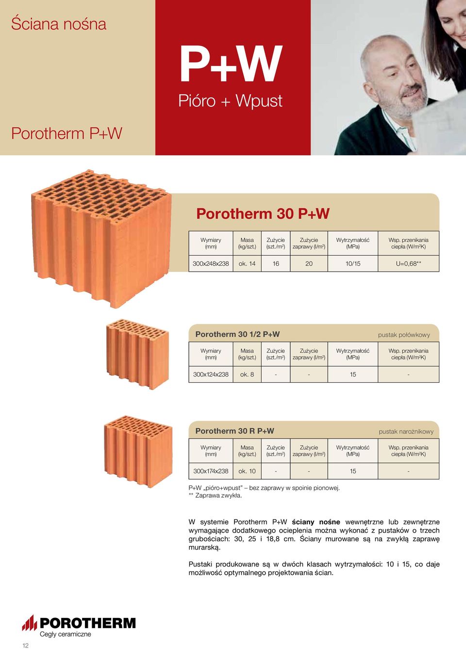 W systemie Porotherm P+W ściany nośne wewnętrzne lub zewnętrzne wymagające dodatkowego ocieplenia można wykonać z pustaków o trzech grubościach: 30, 25 i