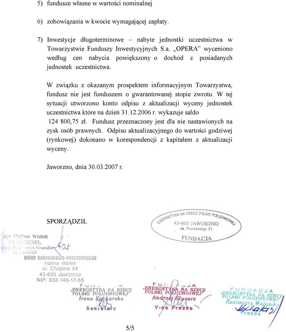 W tej sytuacji utworzono konto odpisu z aktualizacji wyceny jednostek uczestnictwa które na dzień 31.12.2006 r. wykazuje saldo 124 800,75 zł.