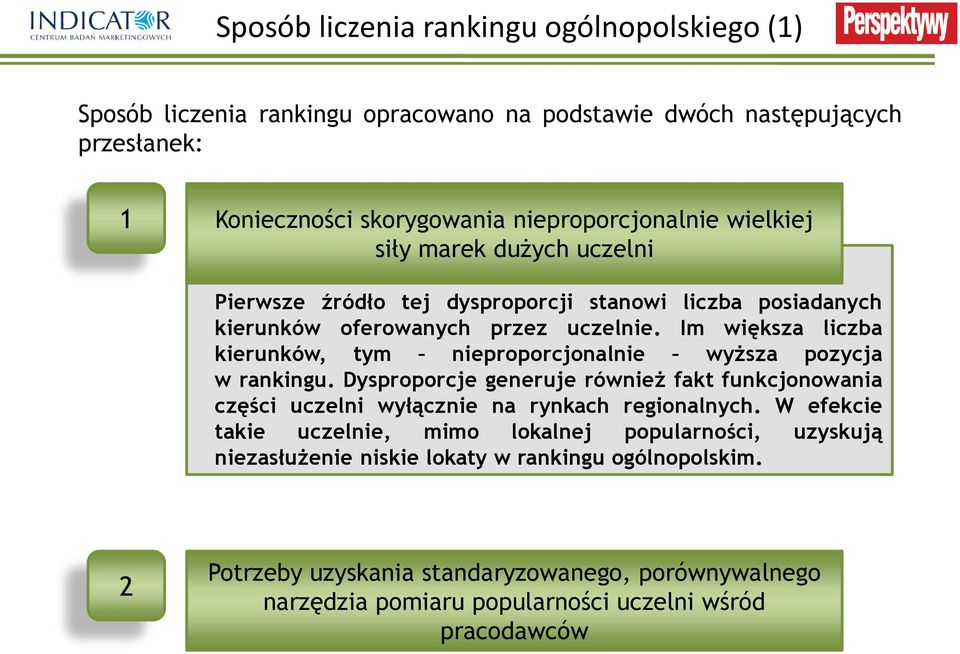 Im większa liczba kierunków, tym nieproporcjonalnie wyższa pozycja w rankingu. Dysproporcje generuje również fakt funkcjonowania części uczelni wyłącznie na rynkach regionalnych.