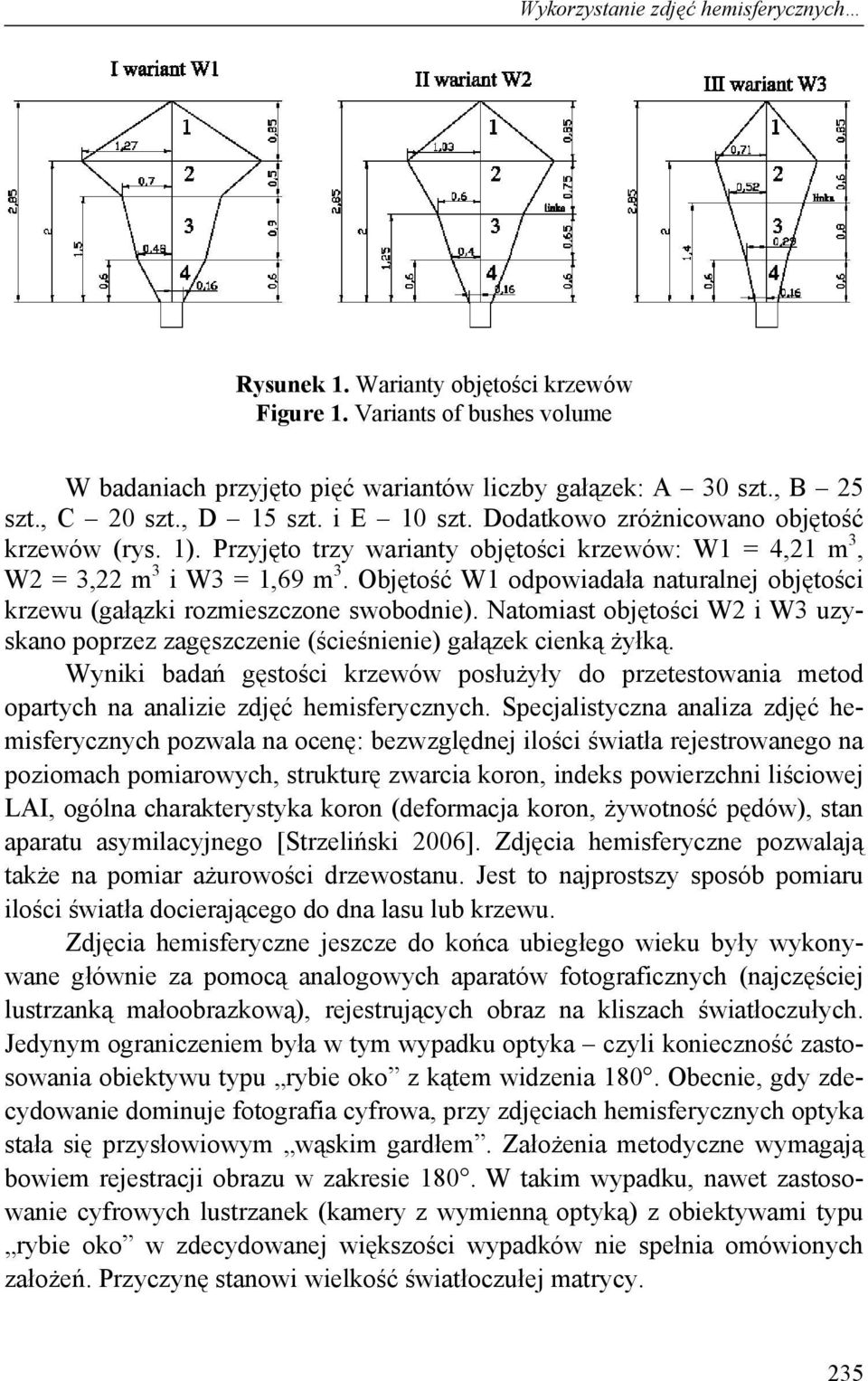 Objętość W1 odpowiadała naturalnej objętości krzewu (gałązki rozmieszczone swobodnie). Natomiast objętości W2 i W3 uzyskano poprzez zagęszczenie (ścieśnienie) gałązek cienką żyłką.