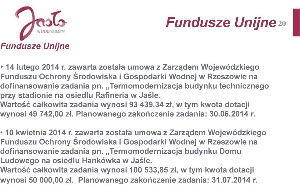 Planowanego zakończenie zadania: 30.06.2014 r. 10 kwietnia 2014 r.