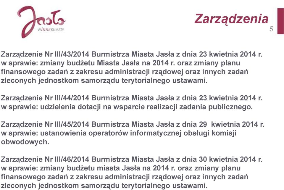 Zarządzenie Nr III/44/2014 Burmistrza Miasta Jasła z dnia 23 kwietnia 2014 r. w sprawie: udzielenia dotacji na wsparcie realizacji zadania publicznego.