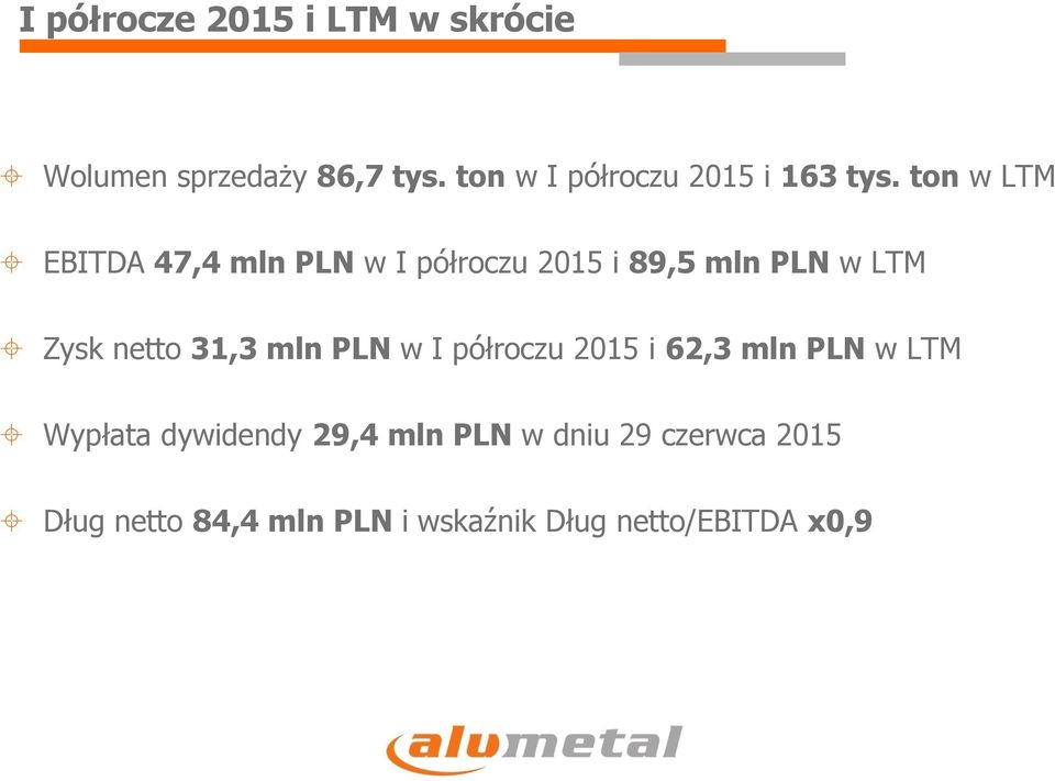 ton w LTM EBITDA 47,4 mln PLN w I półroczu 2015 i 89,5 mln PLN w LTM Zysk netto