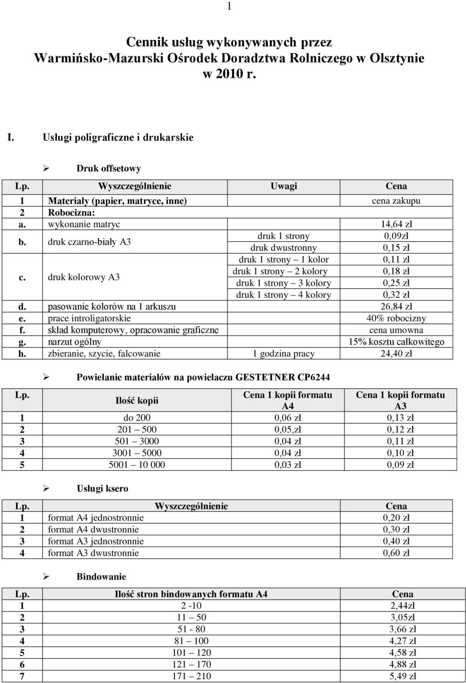 zł druk 1 strony 1 kolor 0,11 zł c. druk kolorowy A3 druk 1 strony 2 kolory 0,18 zł druk 1 strony 3 kolory 0,25 zł druk 1 strony 4 kolory 0,32 zł d. pasowanie kolorów na 1 arkuszu 26,84 zł e.