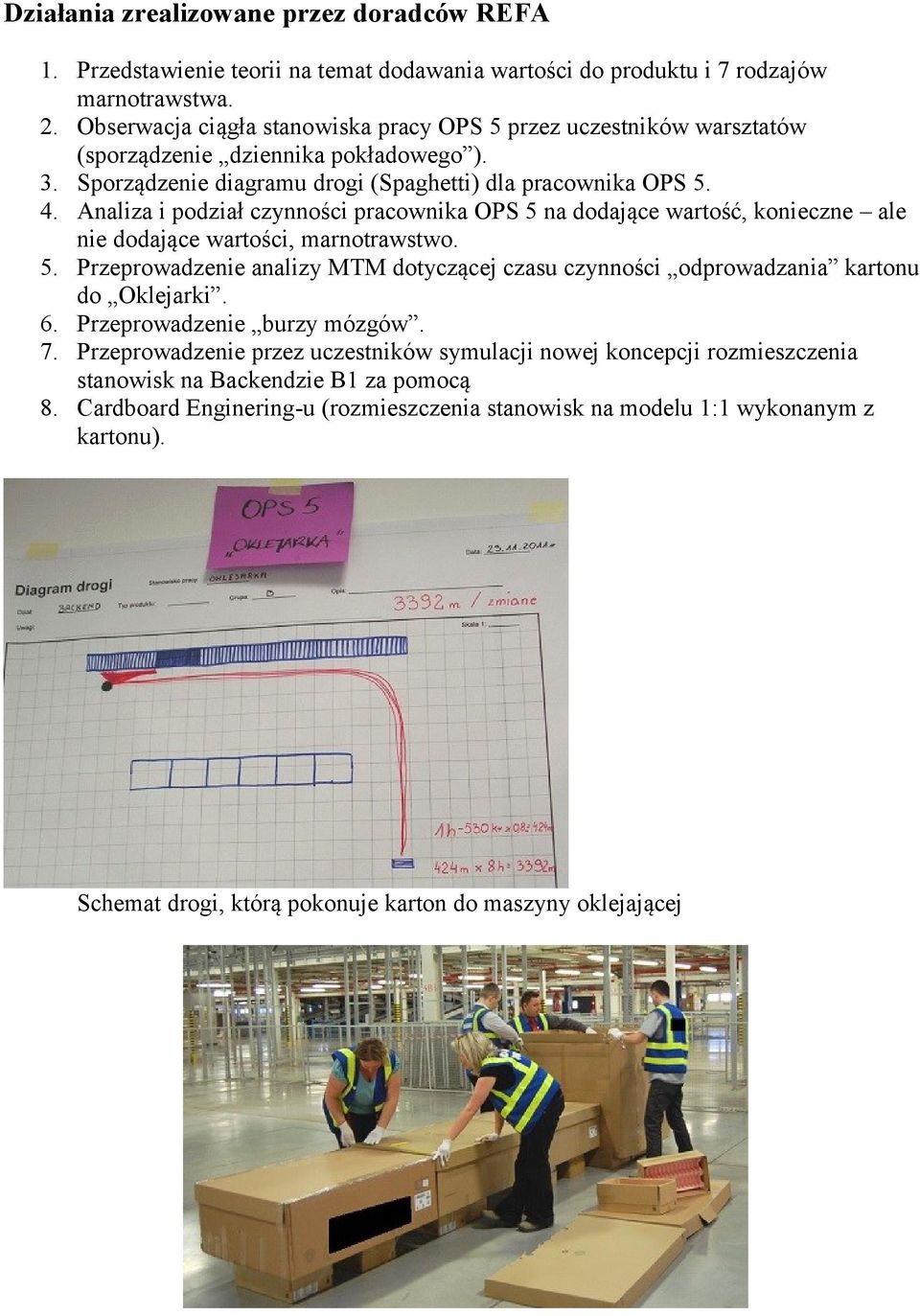 Analiza i podział czynności pracownika OPS 5 na dodające wartość, konieczne ale nie dodające wartości, marnotrawstwo. 5. Przeprowadzenie analizy MTM dotyczącej czasu czynności odprowadzania kartonu do Oklejarki.
