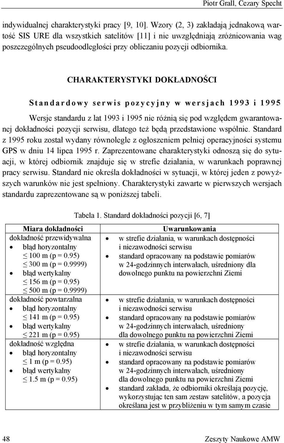 CHARAKTERYSTYKI DOKŁADNOŚCI Standardowy serwis pozycyjny w wersjach 1993 i 1995 Wersje standardu z lat 1993 i 1995 nie różnią się pod względem gwarantowanej dokładności pozycji serwisu, dlatego też