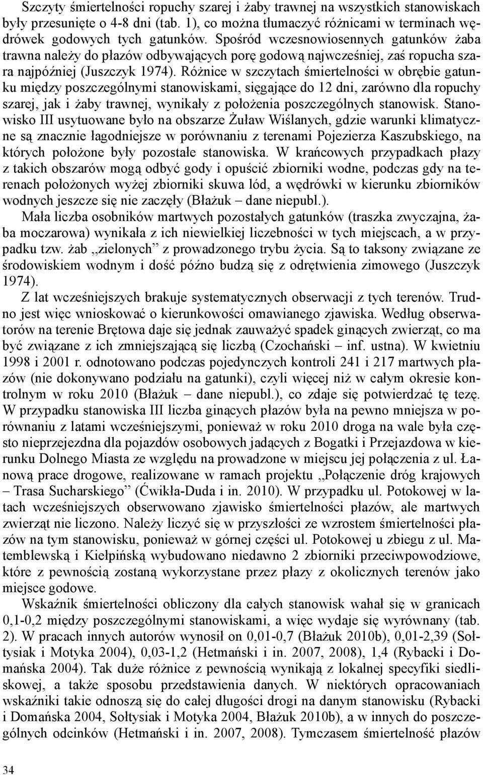 Różnice w szczytach śmiertelności w obrębie gatunku między poszczególnymi stanowiskami, sięgające do 12 dni, zarówno dla ropuchy szarej, jak i żaby trawnej, wynikały z położenia poszczególnych