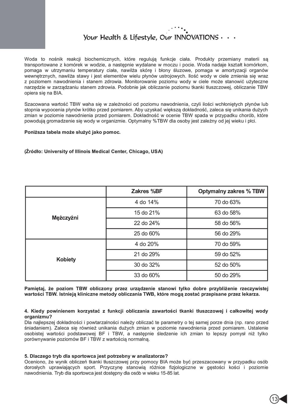 Ilość wody w ciele zmienia się wraz z poziomem nawodnienia i stanem zdrowia. Monitorowanie poziomu wody w ciele może stanowić użyteczne narzędzie w zarządzaniu stanem zdrowia.