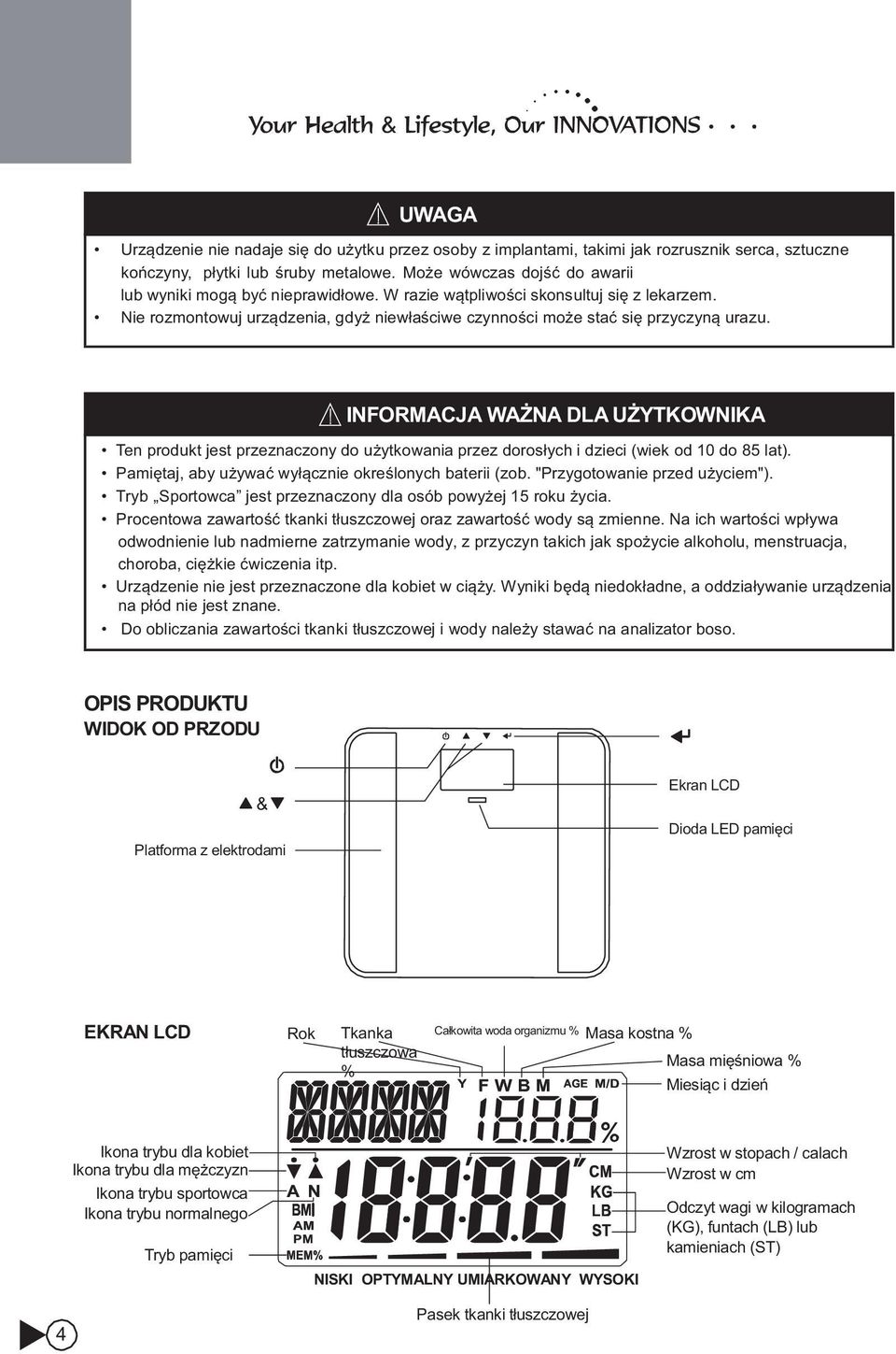 INFORMACJA WAŻNA DLA UŻYTKOWNIKA Ten produkt jest przeznaczony do użytkowania przez dorosłych i dzieci (wiek od 10 do 85 lat). Pamiętaj, aby używać wyłącznie określonych baterii (zob.