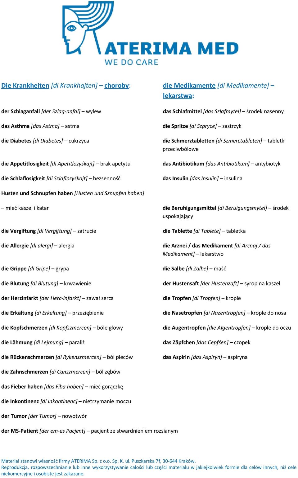 Schmerztabletten [di Szmerctableten] tabletki przeciwbólowe das Antibiotikum [das Antibiotikum] antybiotyk das Insulin [das Insulin] insulina Husten und Schnupfen haben [Husten und Sznupfen haben]