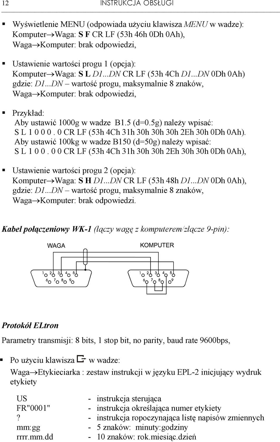 5g) naleŝy wpisać: S L 1 0 0 0. 0 CR LF (53h 4Ch 31h 30h 30h 30h 2Eh 30h 0Dh 0Ah). Aby ustawić 100kg w wadze B150 (d=50g) naleŝy wpisać: S L 1 0 0.