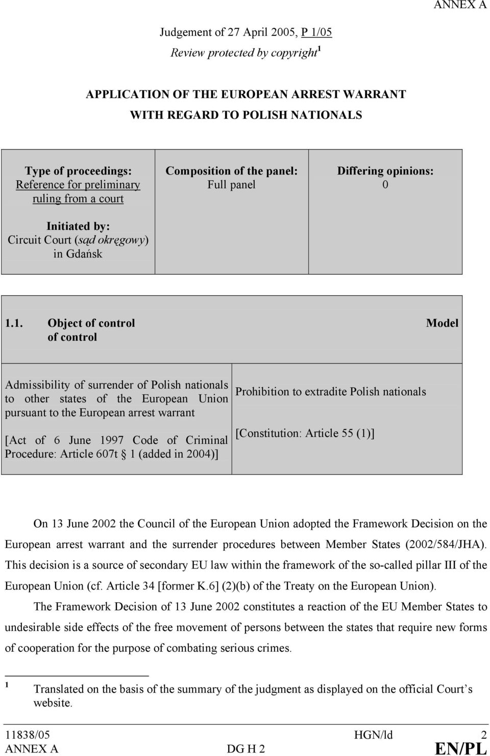 1. Object of control Model of control Admissibility of surrender of Polish nationals to other states of the European Union pursuant to the European arrest warrant [Act of 6 June 1997 Code of Criminal