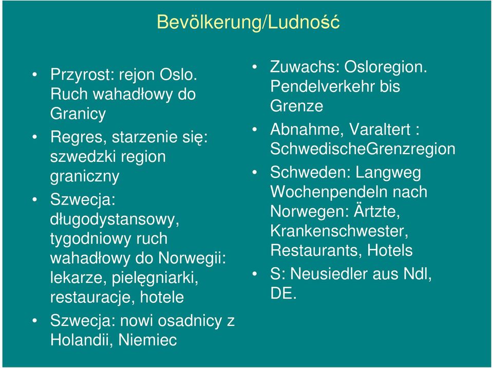 wahadłowy do Norwegii: lekarze, pielęgniarki, restauracje, hotele Szwecja: nowi osadnicy z Holandii, Niemiec Zuwachs: