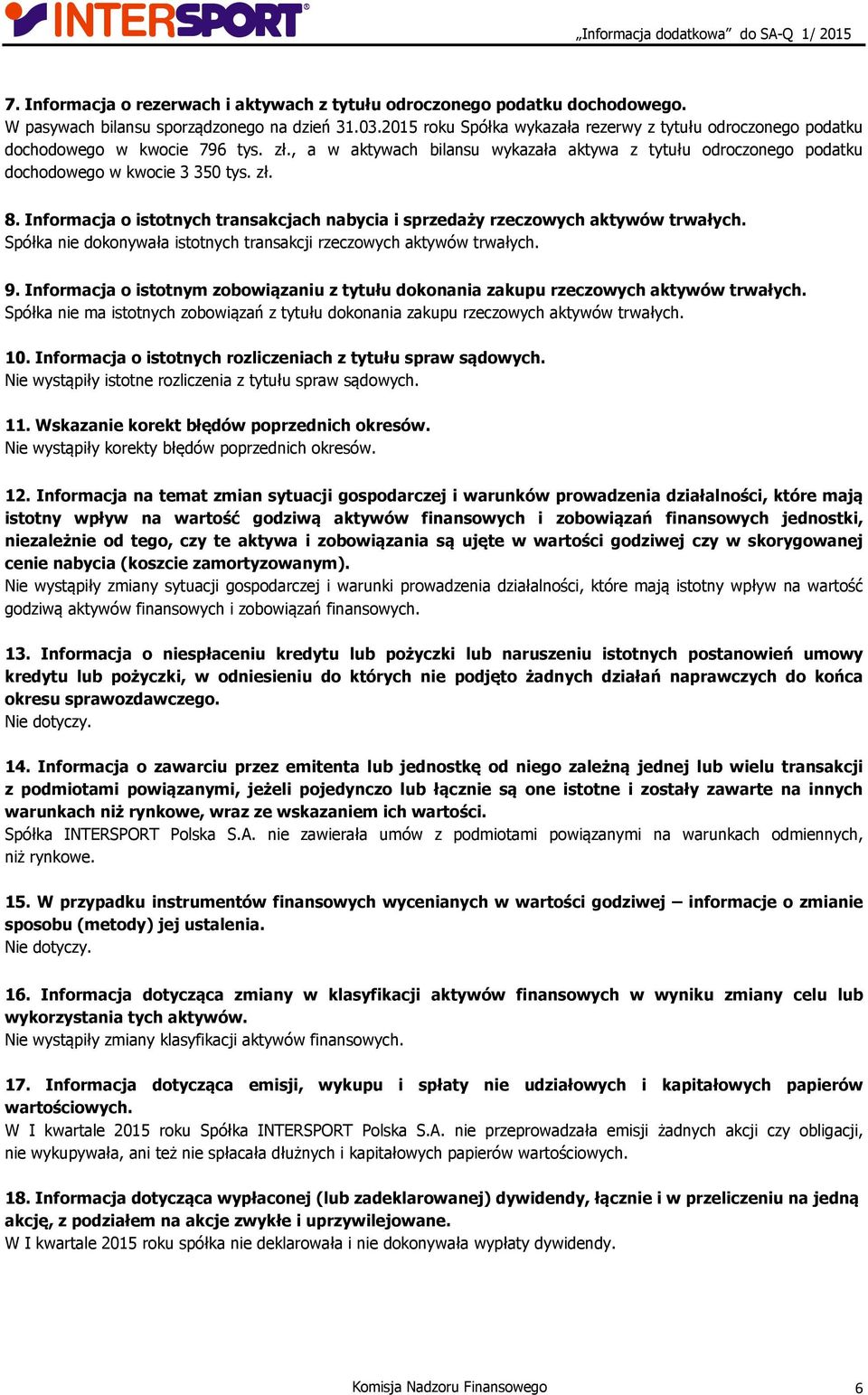 Informacja o istotnych transakcjach nabycia i sprzedaży rzeczowych aktywów trwałych. Spółka nie dokonywała istotnych transakcji rzeczowych aktywów trwałych. 9.