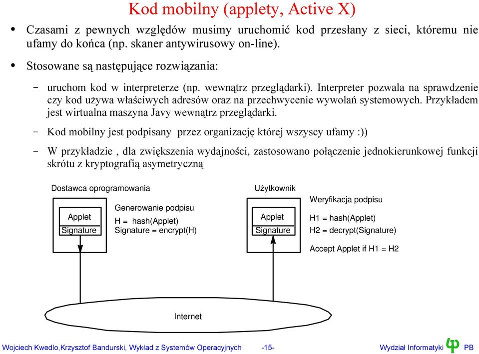 Interpreter pozwala na sprawdzenie czy kod używa właściwych adresów oraz na przechwycenie wywołań systemowych. Przykładem jest wirtualna maszyna Javy wewnątrz przeglądarki.