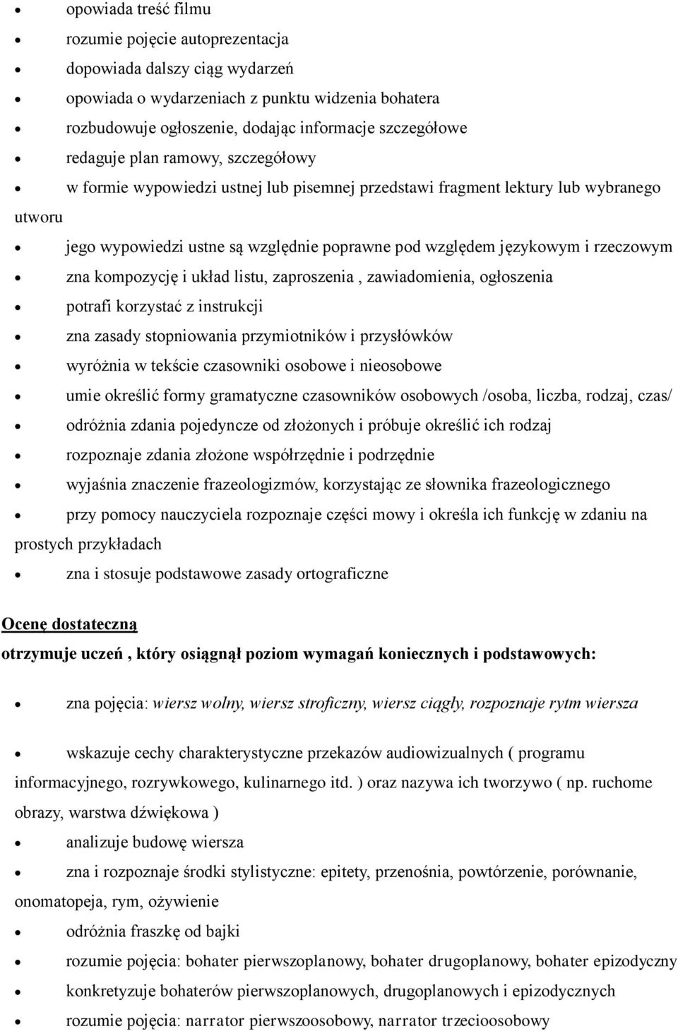 kompozycję i układ listu, zaproszenia, zawiadomienia, ogłoszenia potrafi korzystać z instrukcji zna zasady stopniowania przymiotników i przysłówków wyróżnia w tekście czasowniki osobowe i nieosobowe