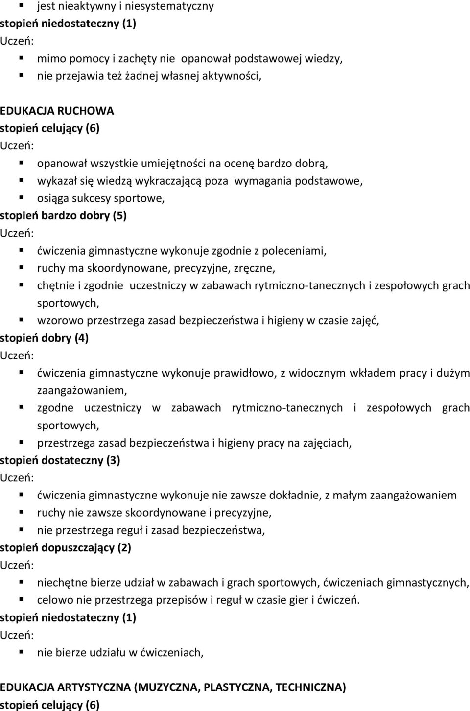 precyzyjne, zręczne, chętnie i zgodnie uczestniczy w zabawach rytmiczno-tanecznych i zespołowych grach sportowych, wzorowo przestrzega zasad bezpieczeństwa i higieny w czasie zajęć, ćwiczenia