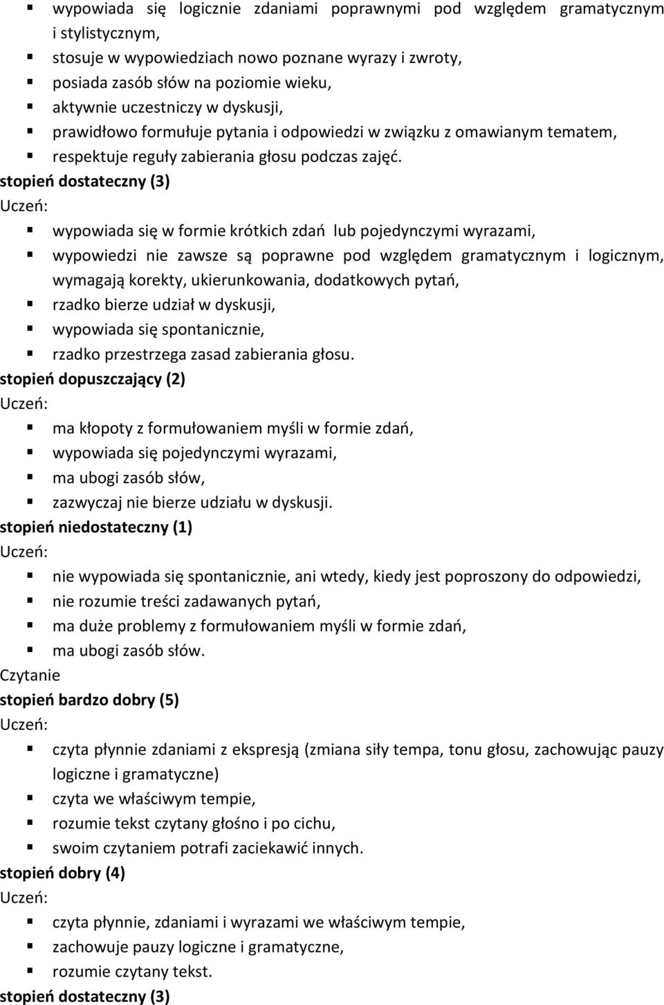 wypowiada się w formie krótkich zdań lub pojedynczymi wyrazami, wypowiedzi nie zawsze są poprawne pod względem gramatycznym i logicznym, wymagają korekty, ukierunkowania, dodatkowych pytań, rzadko