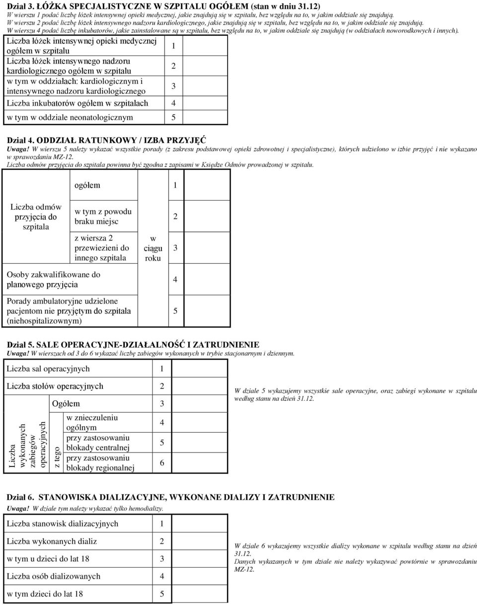 W wierszu 2 podać liczbę łóżek intensywnego nadzoru kardiologicznego, jakie znajdują się w szpitalu, bez względu na to, w jakim oddziale się znajdują.