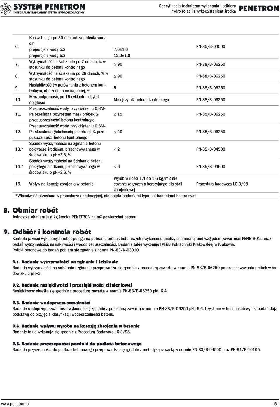 Nasiąkliwość (w porównaniu z betonem kontrolnym, obniżenie o co najmniej, % 5 PN-88/B-06250 10. Mrozoodporność, po 15 cyklach ubytek objętości Mniejszy niż betonu kontrolnego PN-88/B-06250 11.