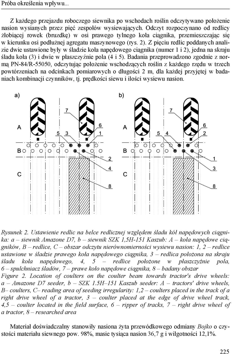 Z pięciu redlic poddanych analizie dwie ustawione były w śladzie koła napędowego ciągnika (numer 1 i 2), jedna na skraju śladu koła (3) i dwie w płaszczyźnie pola (4 i 5).