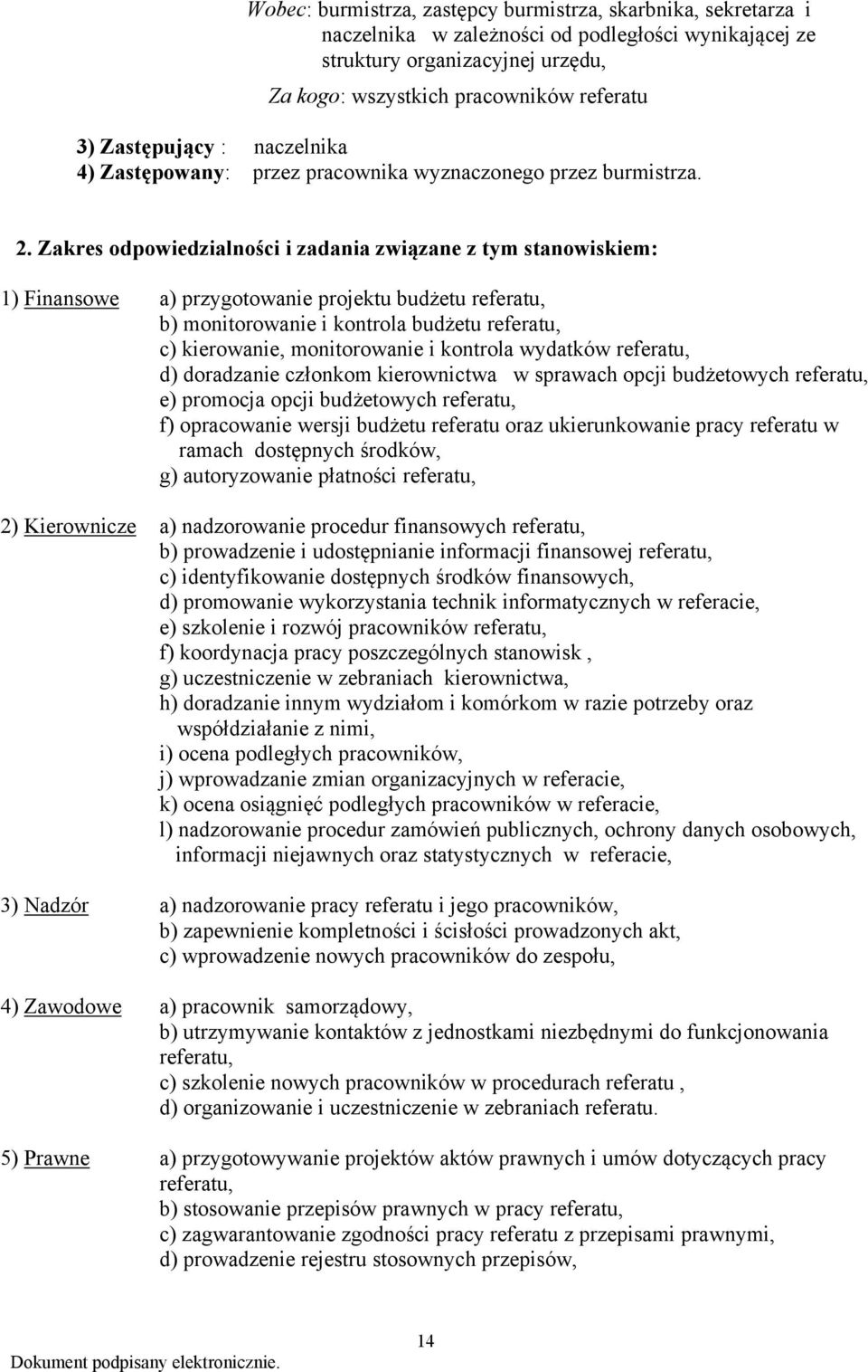 Zakres odpowiedzialności i zadania związane z tym stanowiskiem: 1) Finansowe a) przygotowanie projektu budżetu referatu, b) monitorowanie i kontrola budżetu referatu, c) kierowanie, monitorowanie i