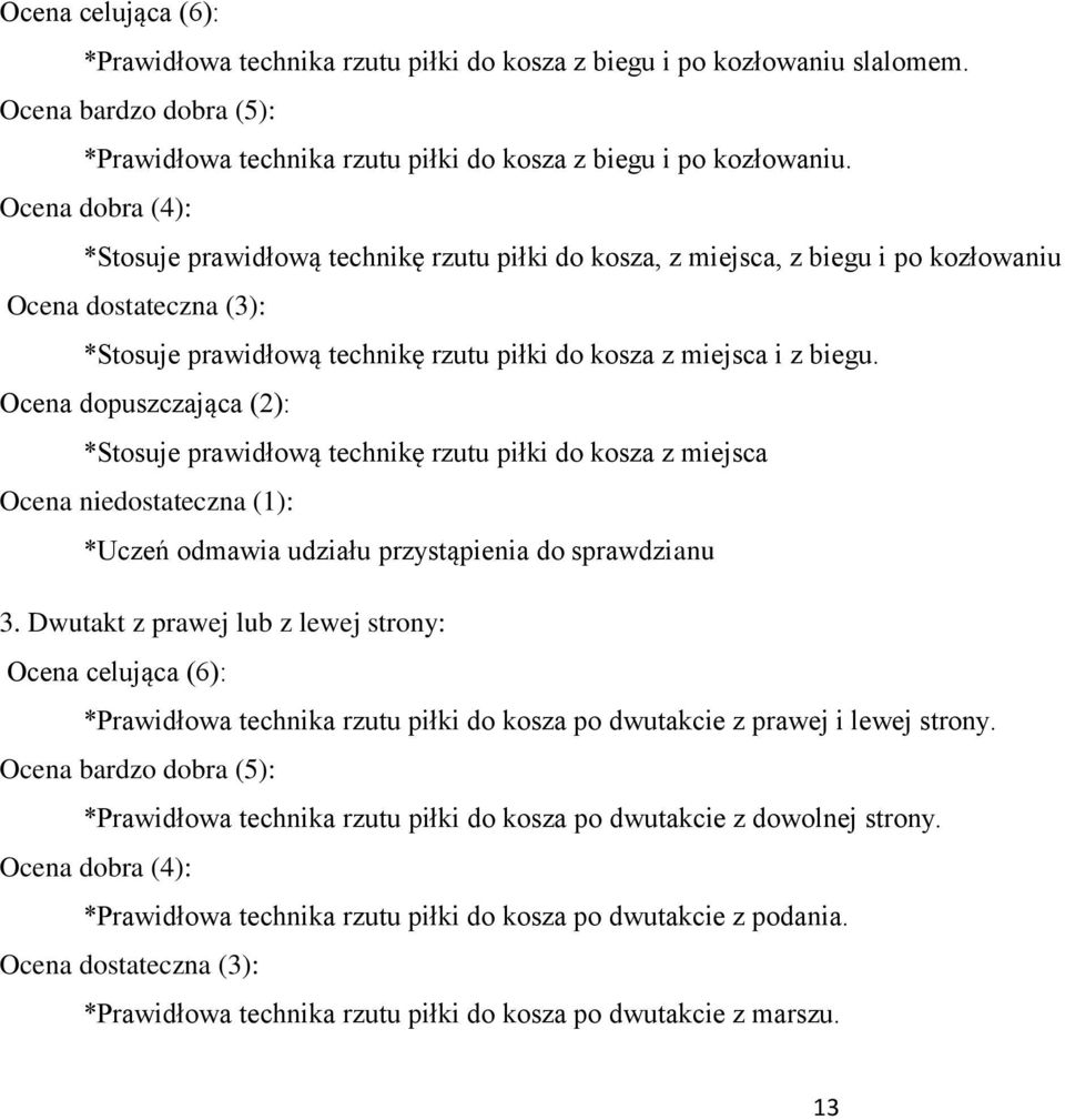 Ocena dopuszczająca (2): *Stosuje prawidłową technikę rzutu piłki do kosza z miejsca Ocena niedostateczna (1): *Uczeń odmawia udziału przystąpienia do sprawdzianu 3.