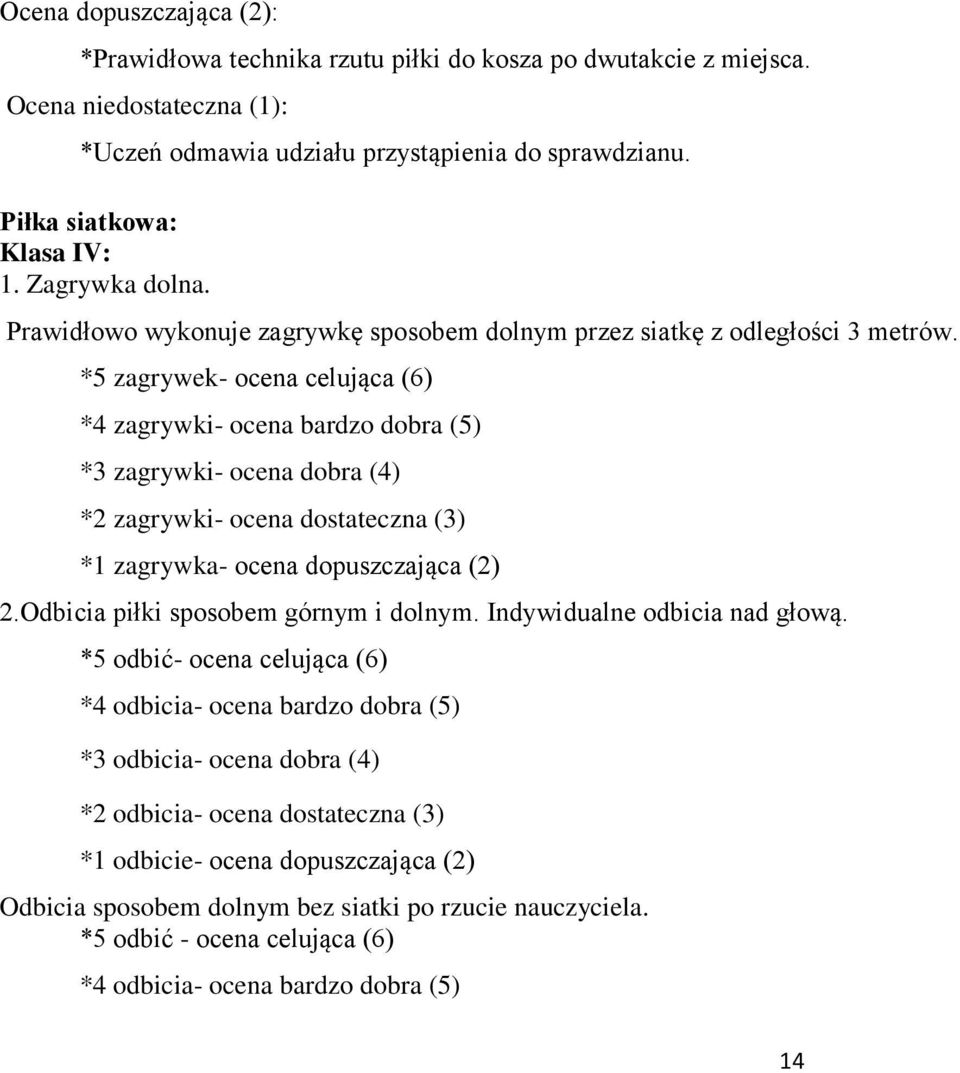 *5 zagrywek- ocena celująca (6) *4 zagrywki- ocena bardzo dobra (5) *3 zagrywki- ocena dobra (4) *2 zagrywki- ocena dostateczna (3) *1 zagrywka- ocena dopuszczająca (2) 2.