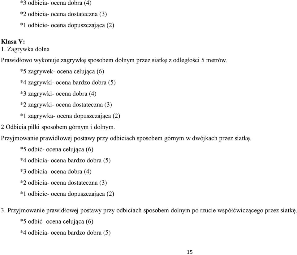 *5 zagrywek- ocena celująca (6) *4 zagrywki- ocena bardzo dobra (5) *3 zagrywki- ocena dobra (4) *2 zagrywki- ocena dostateczna (3) *1 zagrywka- ocena dopuszczająca (2) 2.