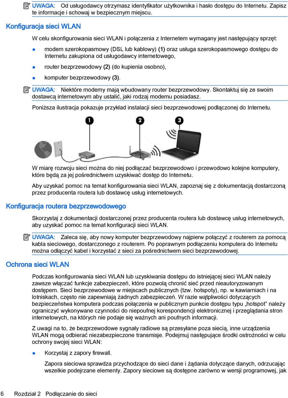 do Internetu zakupiona od usługodawcy internetowego, router bezprzewodowy (2) (do kupienia osobno), komputer bezprzewodowy (3). UWAGA: Niektóre modemy mają wbudowany router bezprzewodowy.