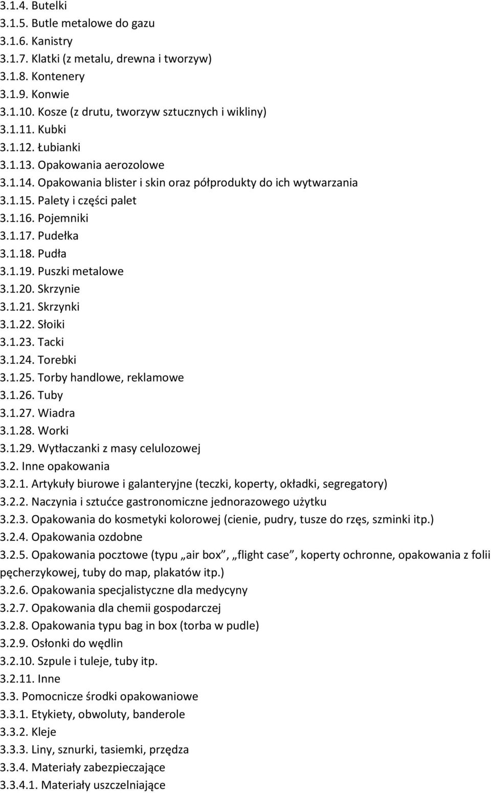 Pudła 3.1.19. Puszki metalowe 3.1.20. Skrzynie 3.1.21. Skrzynki 3.1.22. Słoiki 3.1.23. Tacki 3.1.24. Torebki 3.1.25. Torby handlowe, reklamowe 3.1.26. Tuby 3.1.27. Wiadra 3.1.28. Worki 3.1.29.