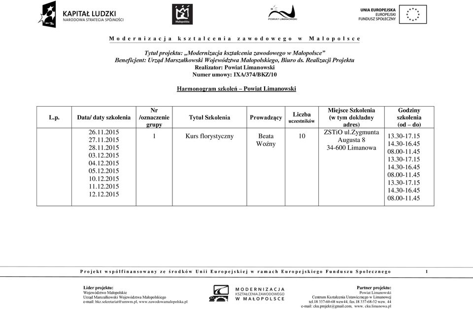 zygmunta Godziny szkolenia (od do) 3.30-7.5 4.30-6.45 08.00-.