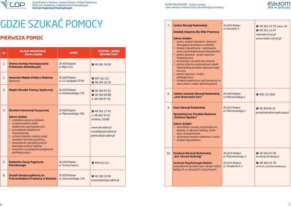 Caritas Diecezji Radomskiej Ośrodek Wsparcia Dla Ofiar Przemocy : > pomoc osobom dorosłym i dzieciom doznającym przemocy w rodzinie, > terapia indywidualna realizowana przez