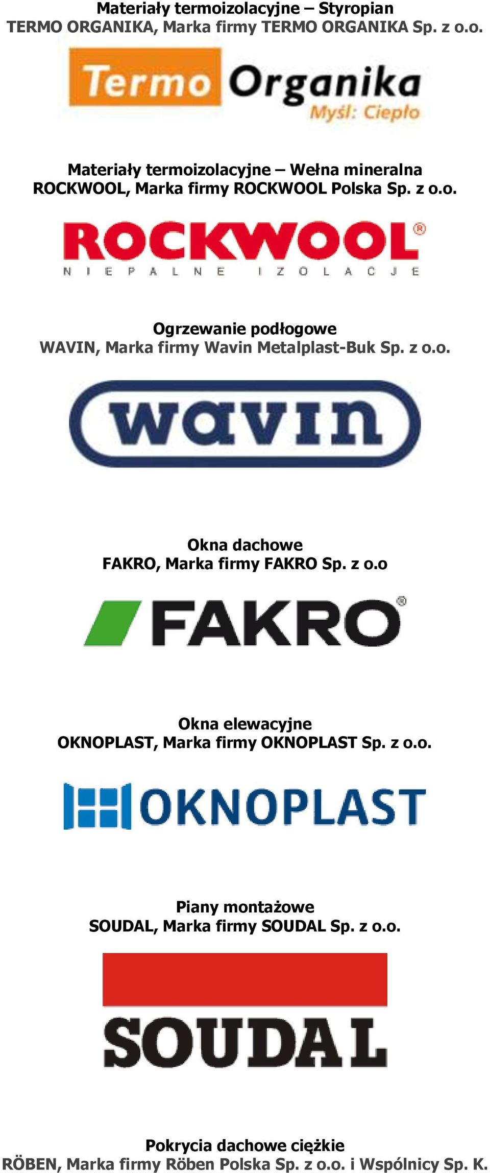 o. Okna dachowe FAKRO, Marka firmy FAKRO Sp. z o.o Okna elewacyjne OKNOPLAST, Marka firmy OKNOPLAST Sp. z o.o. Piany montażowe SOUDAL, Marka firmy SOUDAL Sp.