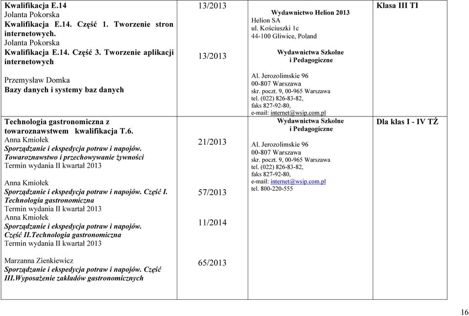 Kościuszki 1c 44-100 Gliwice, Poland Klasa III TI Przemysław Domka Bazy danych i systemy baz danych Technologia gastronomiczna z towaroznawstwem kwalifikacja T.6.