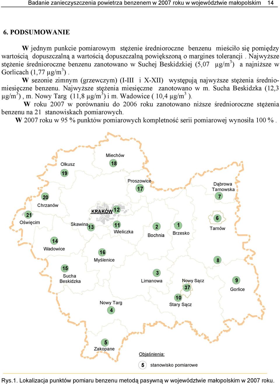 Najwyższe stężenie średnioroczne benzenu zanotowano w Suchej Beskidzkiej (,7 µg/m 3 ) a najniższe w Gorlicach (1,77 µg/m 3 ).