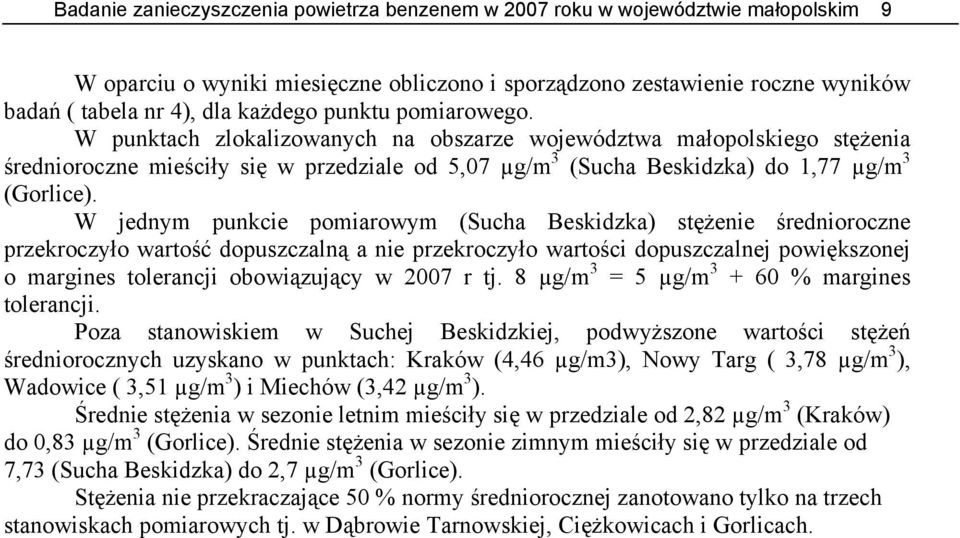 W jednym punkcie pomiarowym (Sucha Beskidzka) stężenie średnioroczne przekroczyło wartość dopuszczalną a nie przekroczyło wartości dopuszczalnej powiększonej o margines tolerancji obowiązujący w 7 r