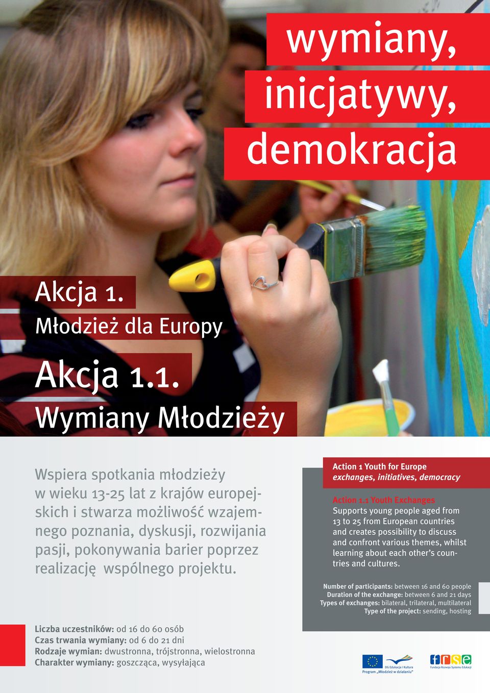 1. Wymiany Młodzieży Wspiera spotkania młodzieży w wieku 13-25 lat z krajów europejskich i stwarza możliwość wzajemnego poznania, dyskusji, rozwijania pasji, pokonywania barier poprzez realizację