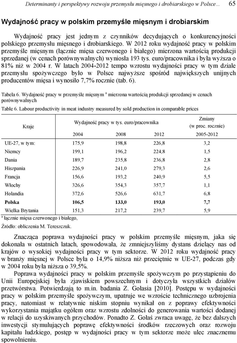 W 2012 roku wydajność pracy w polskim przemyśle mięsnym (łącznie mięsa czerwonego i białego) mierzona wartością produkcji sprzedanej (w cenach porównywalnych) wyniosła 193 tys.