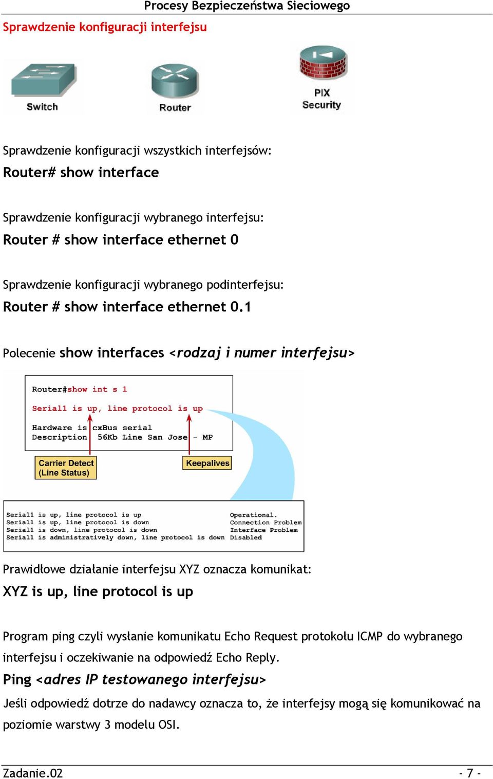 1 Polecenie show interfaces <rodzaj i numer interfejsu> Prawidłowe działanie interfejsu XYZ oznacza komunikat: XYZ is up, line protocol is up Program ping czyli wysłanie komunikatu Echo