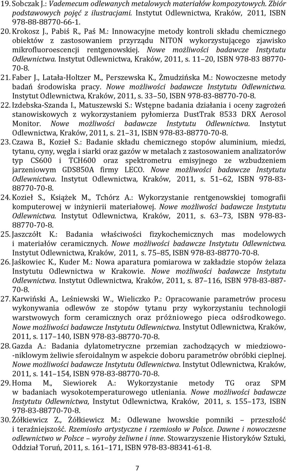 Nowe możliwości badawcze Instytutu Odlewnictwa. Instytut Odlewnictwa, Kraków, 2011, s. 11 20, ISBN 978-83 88770-70-8. 21. Faber J., Latała-Holtzer M., Perszewska K., Żmudzińska M.