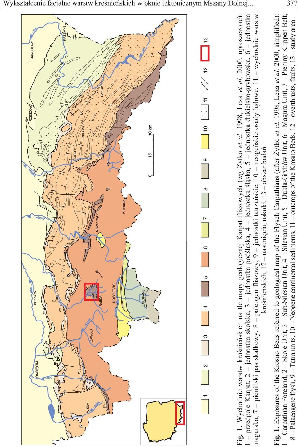 2000, uproszczone): 1 przedpole Karpat, 2 jednostka skolska, 3 jednostka podœl¹ska, 4 jednostka œl¹ska, 5 jednostka dukielsko-grybowska, 6 jednostka magurska, 7 pieniñski pas ska³kowy, 8 paleogen