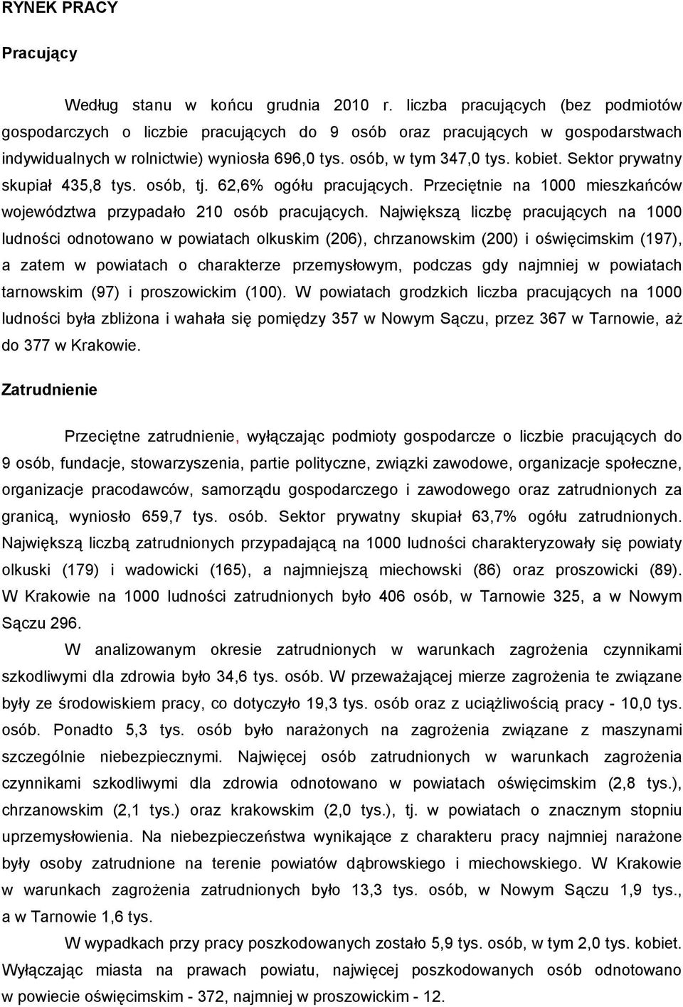 Sektor prywatny skupiał, tys. osób, tj.,% ogółu pracujących. Przeciętnie na 00 mieszkańców województwa przypadało osób pracujących.