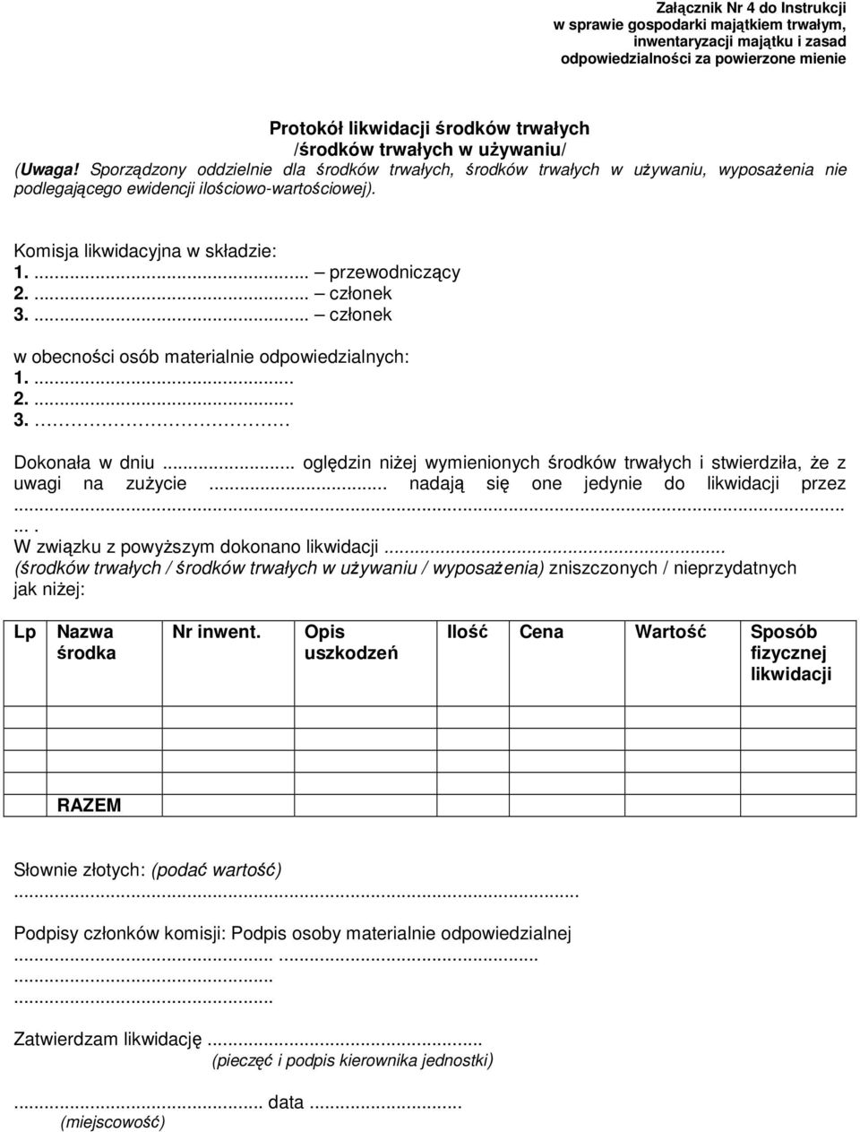 ... przewodniczący 2.... członek 3.... członek w obecności osób materialnie odpowiedzialnych: 1.... 2.... 3. Dokonała w dniu.