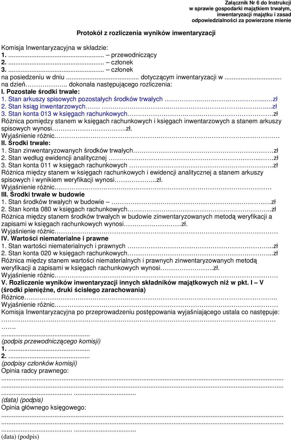 Pozostałe środki trwałe: 1. Stan arkuszy spisowych pozostałych środków trwałych....... zł 2. Stan ksiąg inwentarzowych......zł 3. Stan konta 013 w księgach rachunkowych.