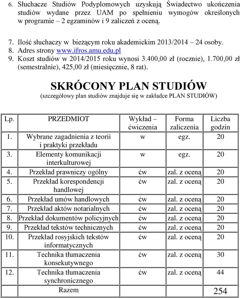 700,00 zł (semestralnie), 425,00 zł (miesięcznie, 8 rat). SKRÓCONY PLAN STUDIÓW (szczegółowy plan studiów znajduje się w zakładce PLAN STUDIÓW) Lp.