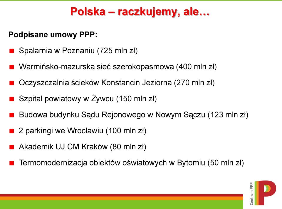 Żywcu (150 mln zł) Budowa budynku Sądu Rejonowego w Nowym Sączu (123 mln zł) 2 parkingi we Wrocławiu