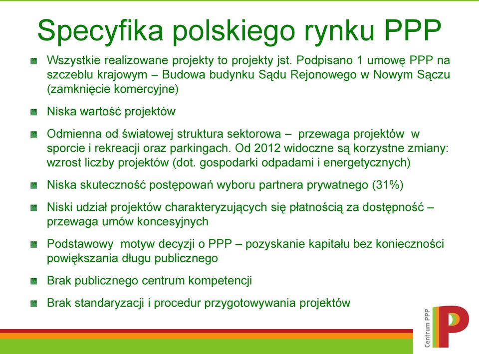 projektów w sporcie i rekreacji oraz parkingach. Od 2012 widoczne są korzystne zmiany: wzrost liczby projektów (dot.